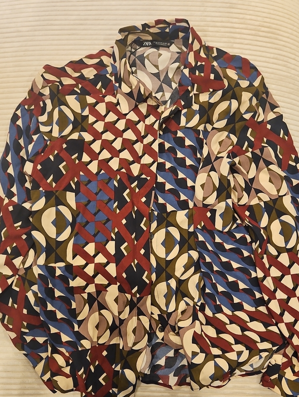Zara Women's Geometric Print Button-Down Shirt - Red, Blue, Olive, Cream